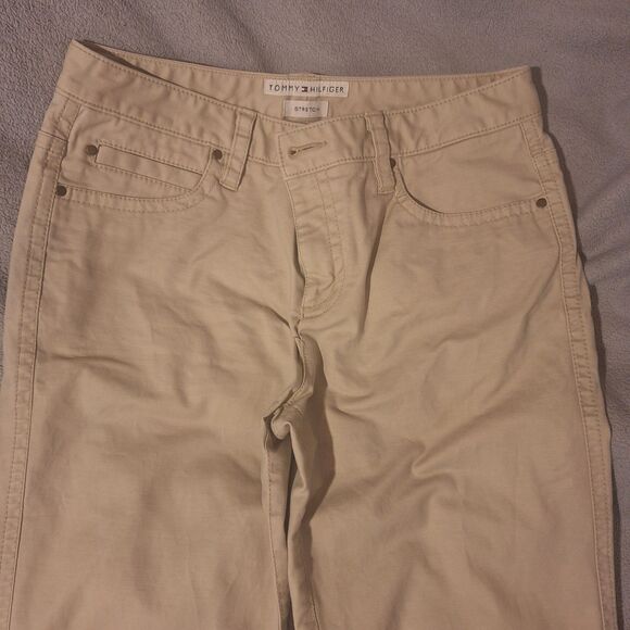 Tommy Hilfiger Stretch-Wmn 10 Beige Chino Khaki Bootcut Flare Pocket Flp *spots* - Picture 3 of 16